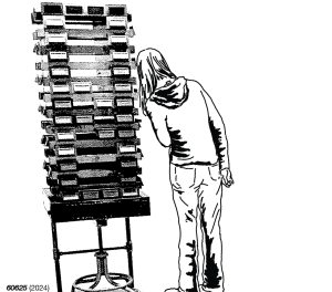 Image: An illustration shows a person with their back to us leaning into a sculpture of a building in search of sound. Mixed media image as part of a comic gif by Carlos Matallana.